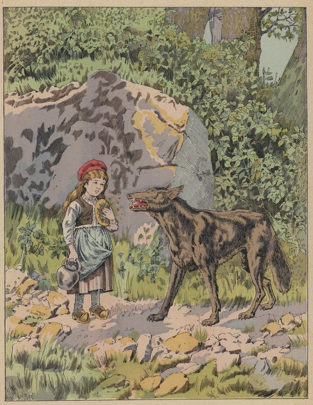 Le Petit Chaperon Rouge, Rødhætte (farve litho) af Frederic Theodore (after) Lix