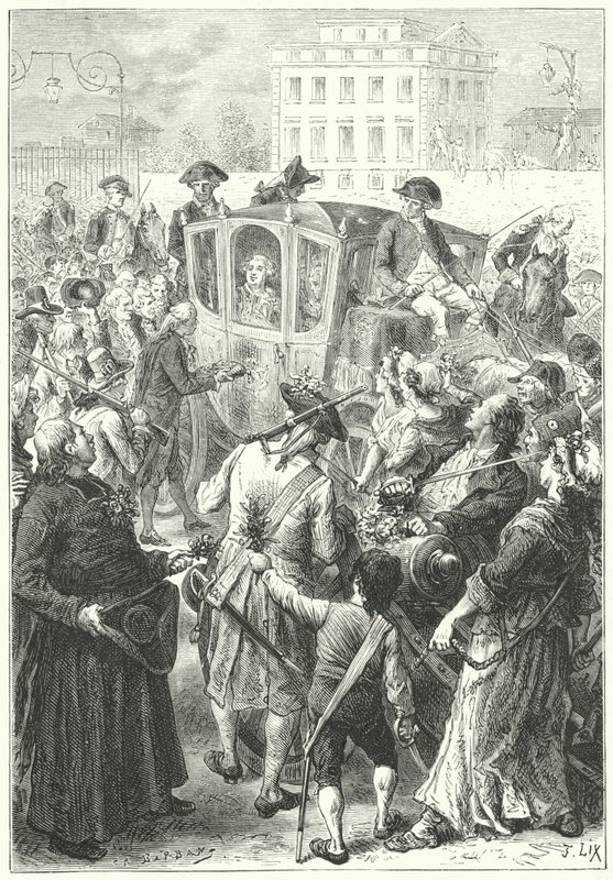 Louis XVI bragt til Paris, efter at pøbelen angreb Versailles-slottet af Frederic Theodore (after) Lix