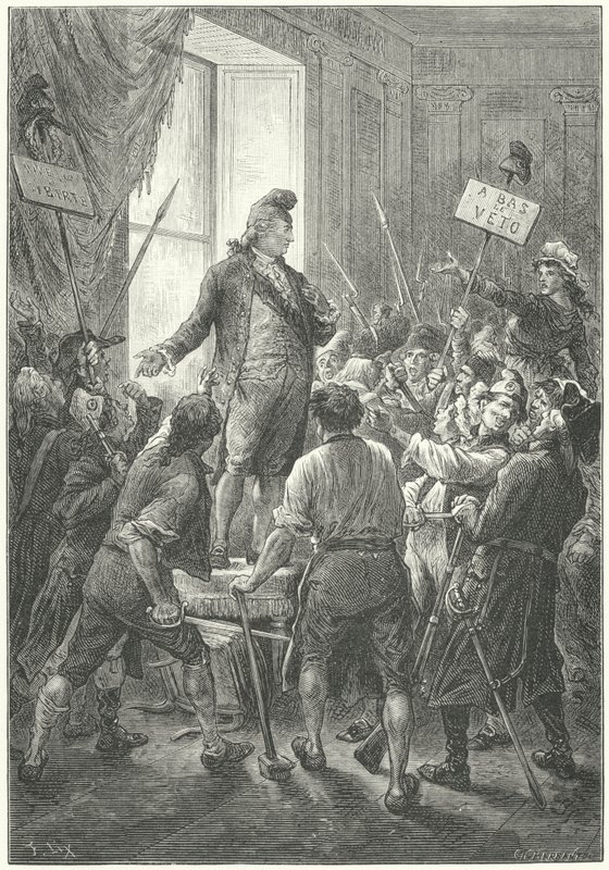 Ludvig XVI af Frankrig tvunget til at tage en frygisk kasket på af sans-culottes efter deres invasion af Tuileries-paladset af Frederic Theodore (after) Lix
