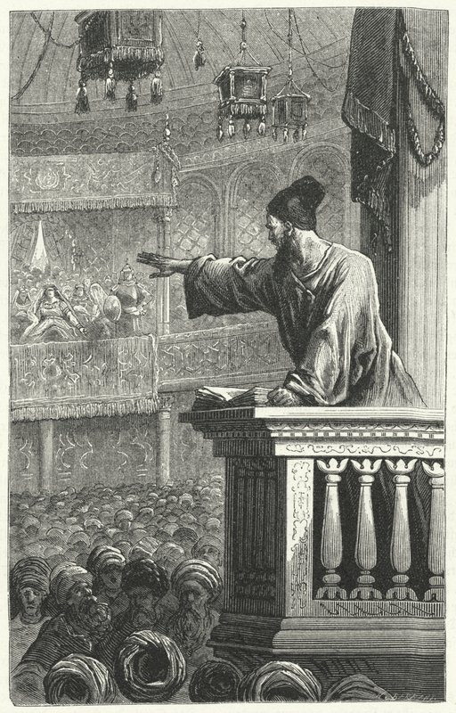 En imam læser fra Koranen (gravering) af Frederic Theodore Lix