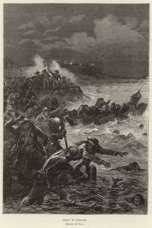 Combat de Quiberon. Tilhængere af Chouannerie og Vendee-oprøret forsøger at flygte fra republikanske styrker ved Quiberon, Frankrig, Den Franske Revolution af Frederic Theodore Lix
