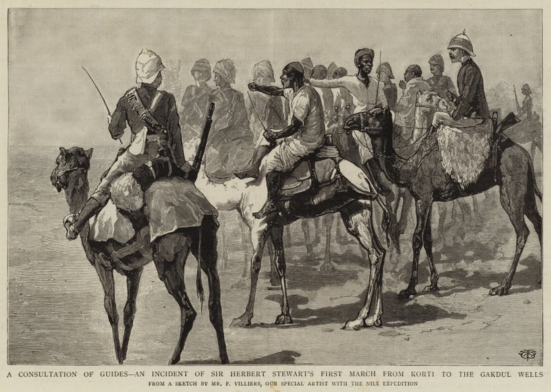 En konsultation af guider, en hændelse af Sir Herbert Stewarts første marts fra Korti til Gakdul-brøndene af Frederic Villiers