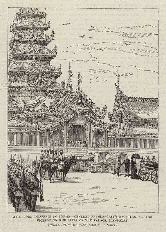 Med Lord Dufferin i Burma, general Prendergasts modtagelse af vicekongen på trappen til paladset, Mandalay af Frederic Villiers