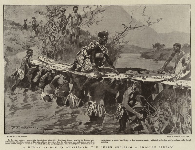 En menneskelig bro i Swaziland, dronningen krydser en opsvulmet strøm af Frederic de Haenen