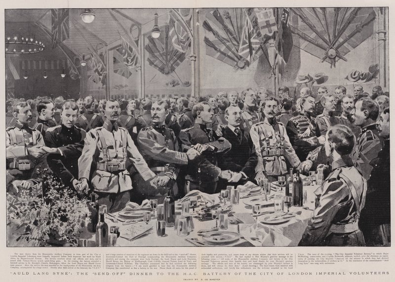 Auld Lang Syne, afsendelsesmiddagen til HAC-batteriet hos City of London Imperial Volunteers af Frederic de Haenen