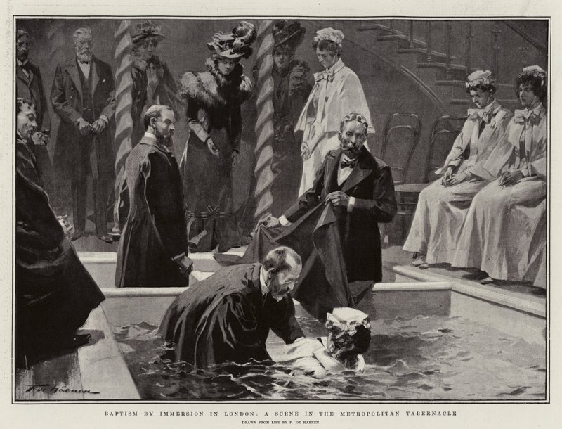 Dåb ved nedsænkning i London, en scene i Metropolitan Tabernacle af Frederic de Haenen