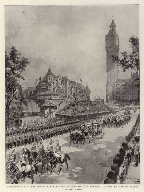 Kroningsdag, scenen på Parliament Square ved ankomsten af prinsen af Wales af Frederic de Haenen