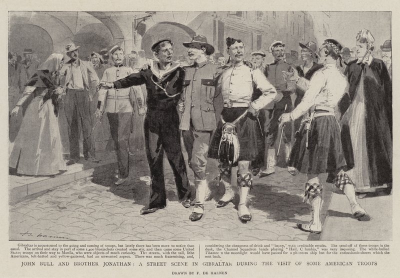 John Bull og bror Jonathan, en gadescene i Gibraltar under besøget af nogle amerikanske tropper af Frederic de Haenen