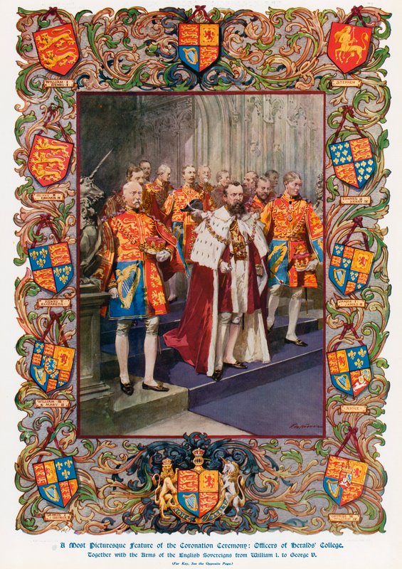 Officerer fra Heralds College, sammen med Arms of the English Sovereigns fra kong William I til kong George V (farve litho) af Frederic de Haenen