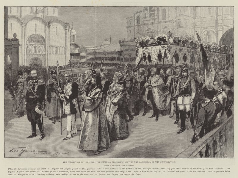 Kroningen af zaren, den kejserlige procession, der forlader bebudelseskatedralen af Frederic de Haenen