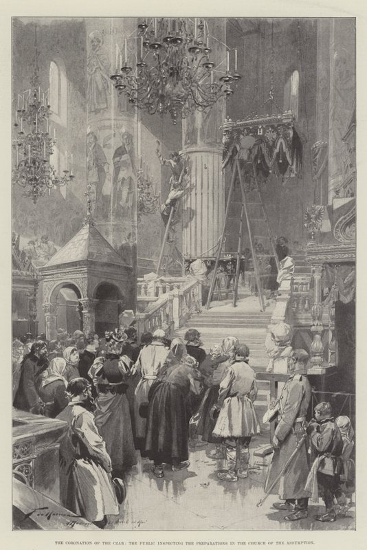 Kroningen af zaren, offentligheden inspicerer forberedelserne i Assumptionskirken af Frederic de Haenen