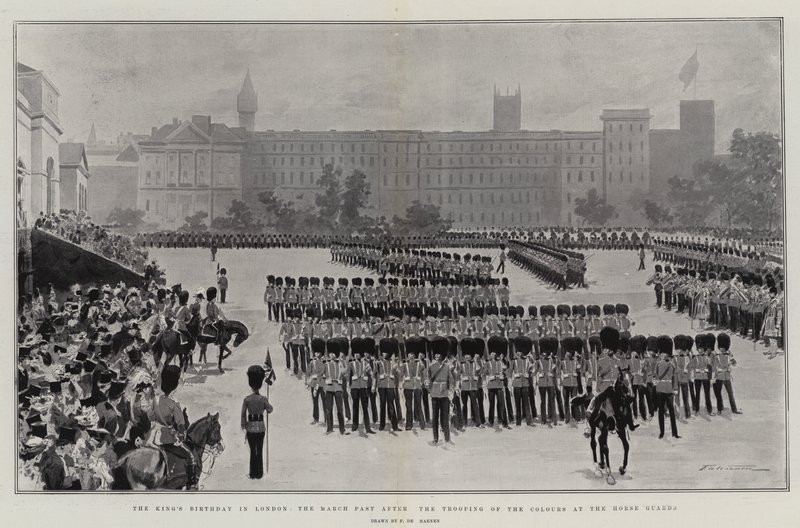 Kongens fødselsdag i London, marts forbi efter farvernes trooping ved hestevagten af Frederic de Haenen
