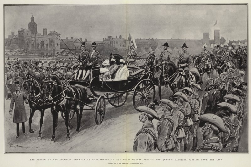 Gennemgangen af de koloniale kroningskontingenter på hestevagtparaden, dronningens vogn passerer ned ad linjen af Frederic de Haenen