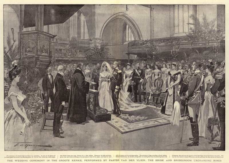 Bryllupsceremonien i Groote Kerke, udført af pastor Van der Vlier, bruden og brudgommen udveksler ringe af Frederic de Haenen