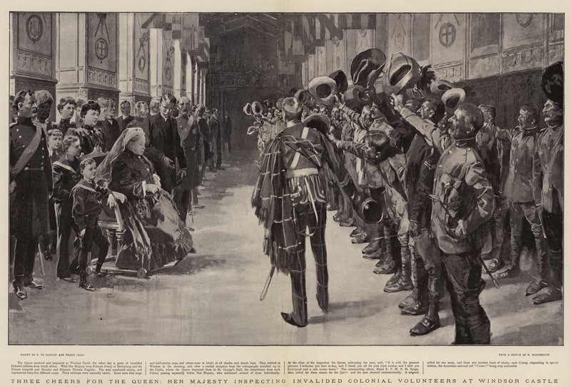 Tre Skål for Dronningen, Hendes Majestæt inspicerer invaliderede koloniale frivillige på Windsor Castle af Frederic de Haenen