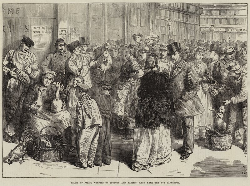 Relief af Paris, sælgere af fjerkræ og kaniner, scene nær Rue Lafayette af Frederick Barnard