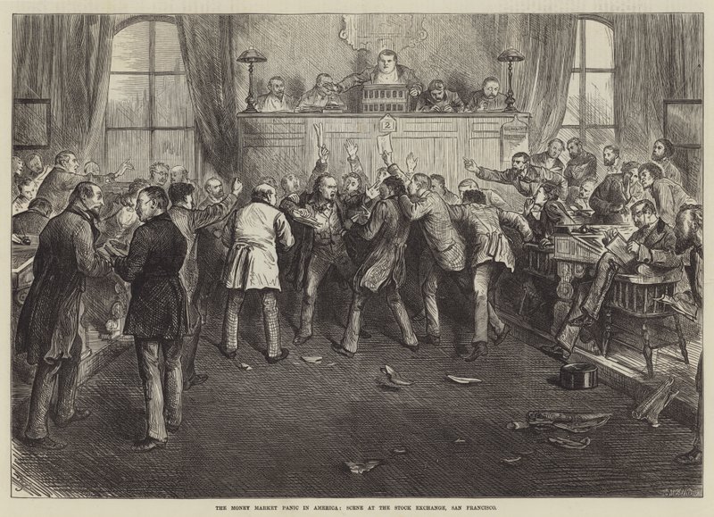 Pengemarkedspanikken i Amerika, scene på børsen, San Francisco af Frederick Barnard