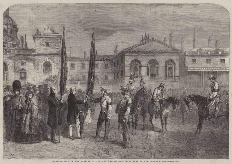 Overrækkelse af de gamle Westminster Volunteers farver til dronningens af Frederick John Skill