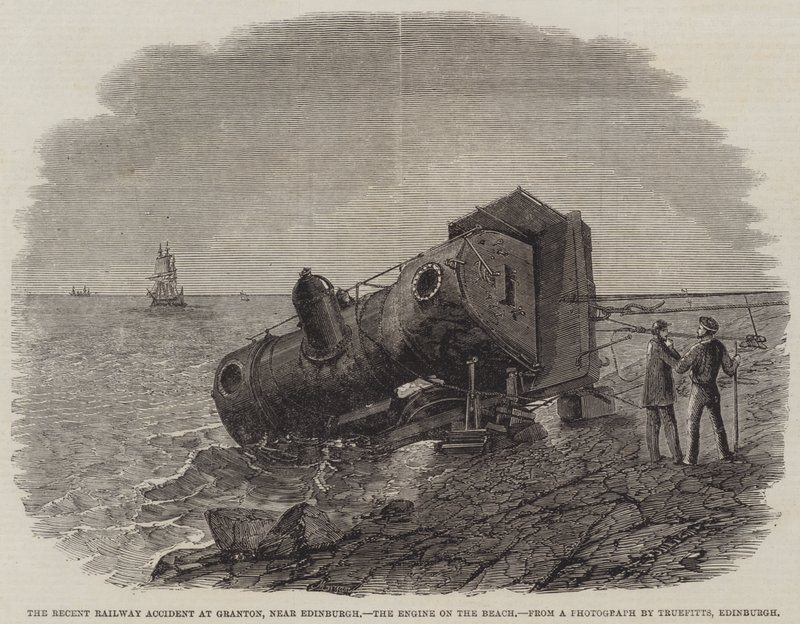 Den seneste jernbaneulykke ved Granton, nær Edinburgh, motoren på stranden af Frederick Morgan