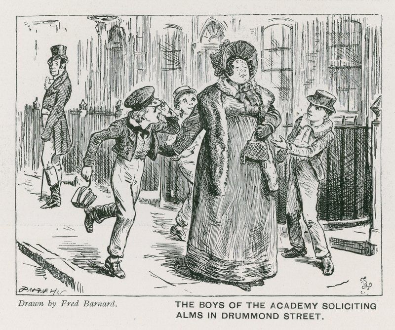 Drengene fra Wellington House Academy beder om almisser i Drummond Street (gravering) af Frederick (after) Barnard