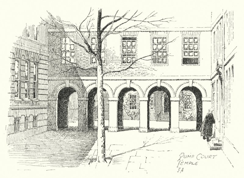 Pump Court, Temple (litografi) af Frederick Adcock