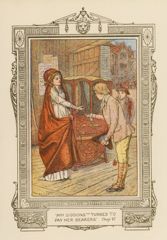 "Fru Siddons vendte sig om for at betale sine bærere" (farvelitografi) af Frederick Colin Tilney