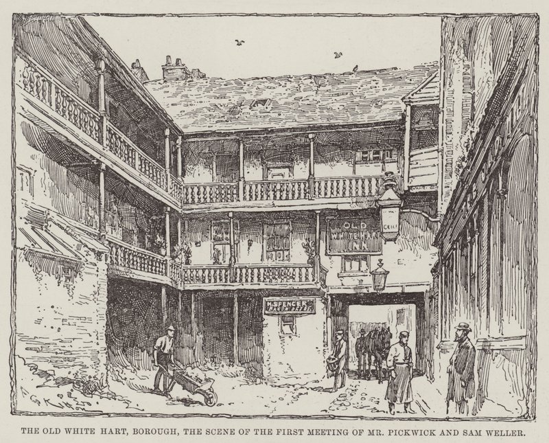 The Old White Hart, Borough, scenen for det første møde mellem Mr. Pickwick og Sam Weller af Frederick George Kitton