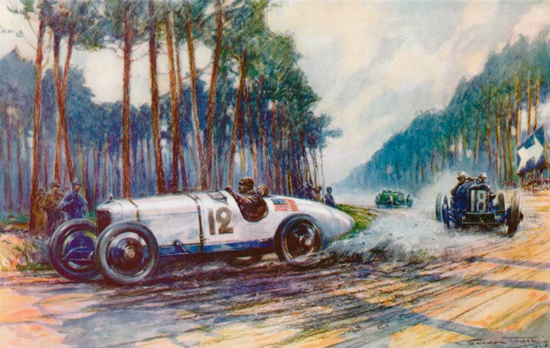Amerikas første succes i et Grand Prix fandt sted, da Jimmy Murphys Duesenberg fik succes på Le Mans i 1921 (farve litho) af Frederick Gordon (after) Crosby
