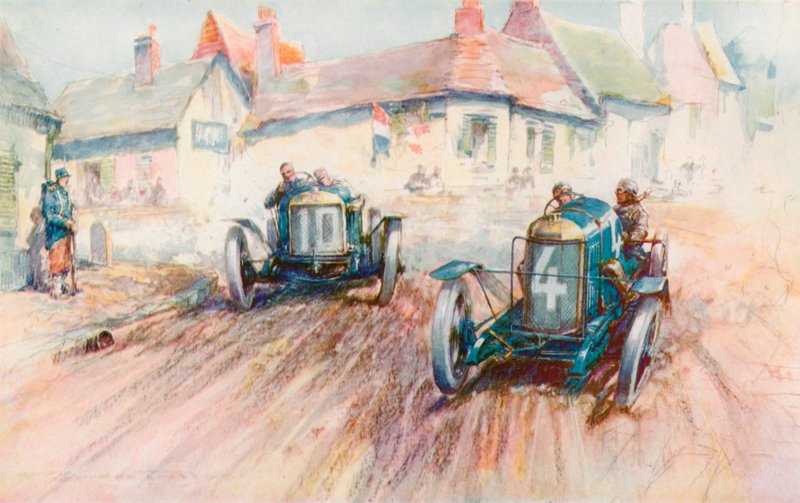 Bablot kører 3-liters Delage nr. 10 efter Boillots Peugeot i Voiturette-løbet i 1911 i Boulogne (farve litho) af Frederick Gordon (after) Crosby