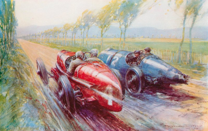 Felice Nazzaro vandt Grand Prix i 1922 og håndterede en af de nye og meget hurtige Fiats (farve litho) af Frederick Gordon (after) Crosby