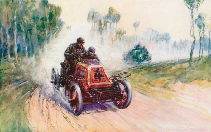 Fournier med Mors nr. 4 under Paris-Berlin-løbet i 1901, et af de få, hvor Panhard, dagens førende mærke, blev slået (farve litho) af Frederick Gordon (after) Crosby