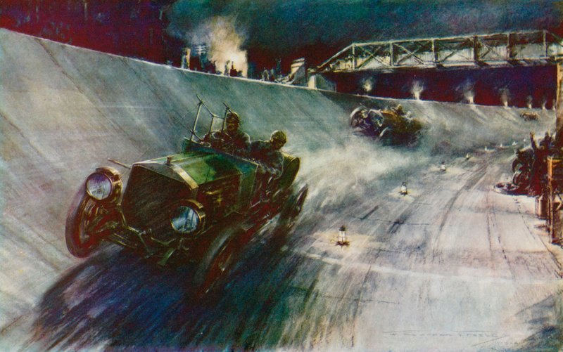 I 1907 lykkedes det S F Edge, der kørte Napier enhånds, at holde 60 mph i 24 timer, den første rekord på den nye Brooklands-bane (farve litho) af Frederick Gordon (after) Crosby