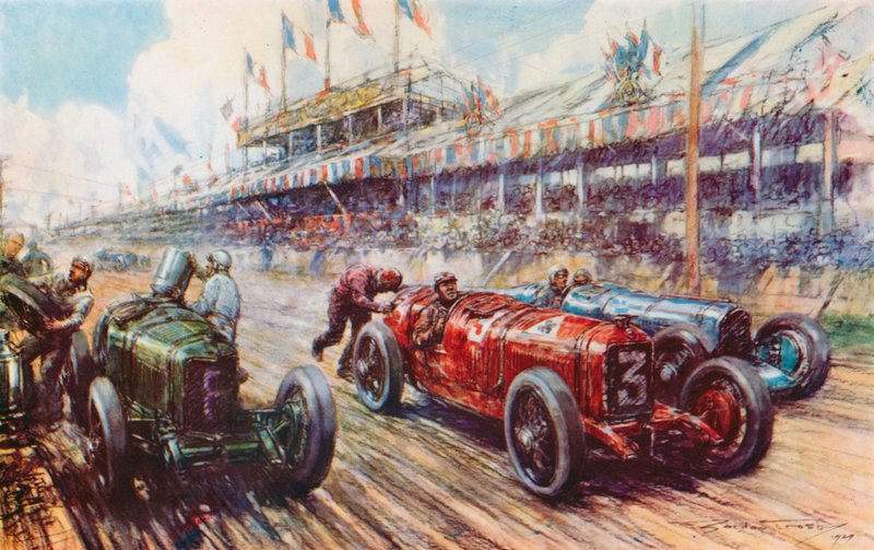 I 1924 Grand Prix førte Ascaris Alfa Romeo løbet næsten til mål, kun for at tabe, fordi motoren ikke ville genstarte efter et pitstop (farve litho) af Frederick Gordon (after) Crosby