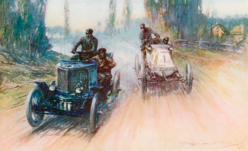 I Paris-Amsterdam-løbet i 1898 blev Charrons hvide Panhard udstyret med hjul i stedet for rorpindsstyring for første gang i løbshistorien (farve litho) af Frederick Gordon (after) Crosby