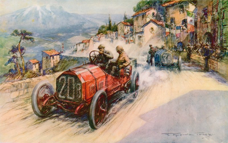 Italiens mester, Felice Nazzaro, og Fiat vandt 1907 Targa Florio, kombinationen har tidligere vundet Grand Prix og Kaiserpreis (farve litho) af Frederick Gordon (after) Crosby