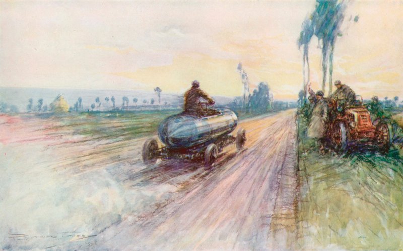 Jenatzys Jamais Contente slog verdens hastighedsrekord i 1899 (farve litho) af Frederick Gordon (after) Crosby