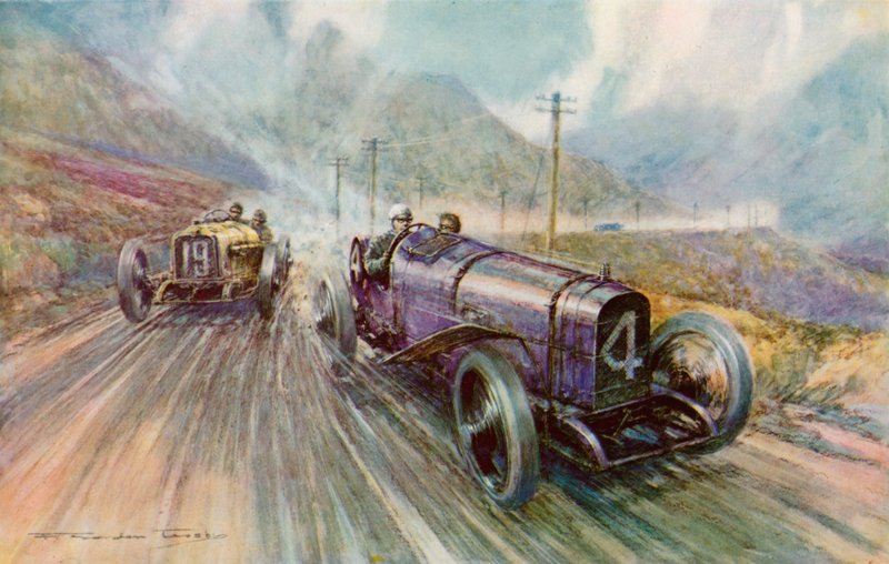 K Lee Guinness med solstrålen i det to-dages 600-mile Tourist Trophy-løb på Isle of Man, som han vandt med 56,44 mph (color litho) af Frederick Gordon (after) Crosby