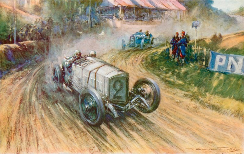 Lautenschlager med den tyske Mercedes og Boillot med den franske Peugeot i deres store kamp under 1914 Grand Prix (farve litho) af Frederick Gordon (after) Crosby