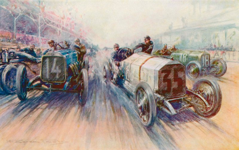 Lautenschlager hvid Mercedes i 1908 Grand Prix, et løb, hvor dæk blev brugt i enorme mængder (farve litho) af Frederick Gordon (after) Crosby