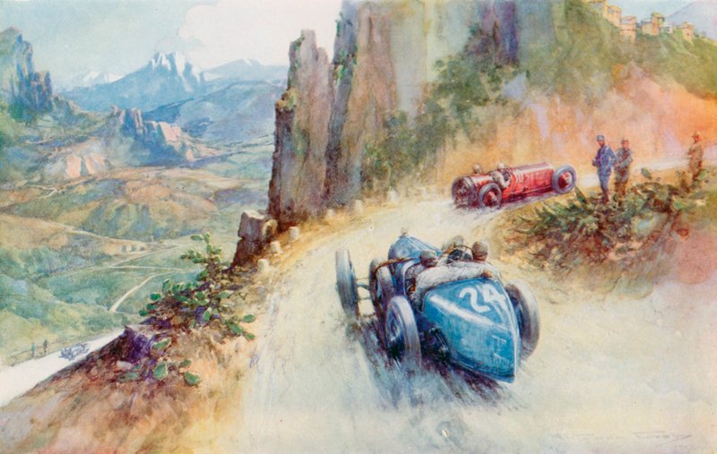Materassis 2-liters kompressor Bugatti overhaler en Maserati på den snoede bane af 1927 Targa Florio (farve litho) af Frederick Gordon (after) Crosby
