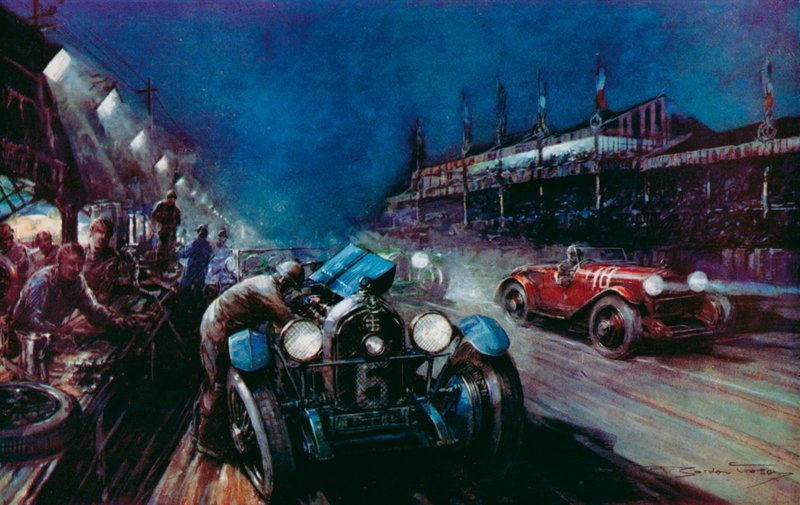En af de succesrige Lorraine-Dietrich-biler, der genopfyldes ved pitten under natløbet i Le Mans 24-timers løb (farve litho) af Frederick Gordon (after) Crosby
