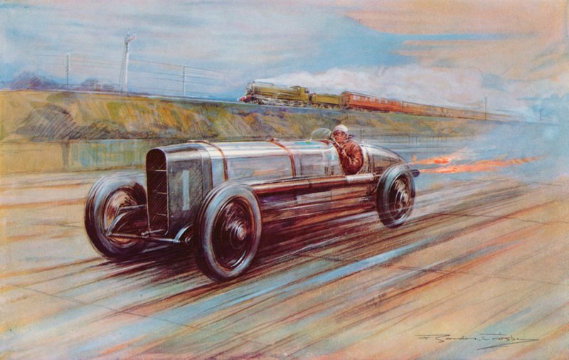 Den aero-motorerede 12-cylindrede Sunbeam gjort berømt af K Lee Guinness på Brooklands og den hurtigste bil i 1922 (farve litho) af Frederick Gordon (after) Crosby