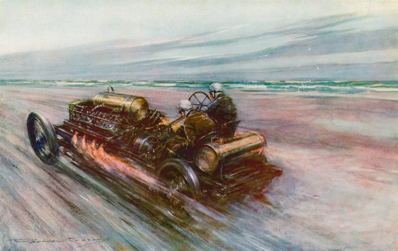 Den berømte "200" Darracq, som Sir Algernon Guinness, Bart, opnåede 120 mph med i 1908 (farve litho) af Frederick Gordon (after) Crosby