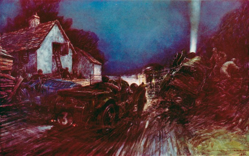 Det historiske styrt ved White House Corner i Le Mans 24-timers løb. Det var efter dette styrt, at en beskadiget Bentley fortsatte med at vinde (farve litho) af Frederick Gordon (after) Crosby