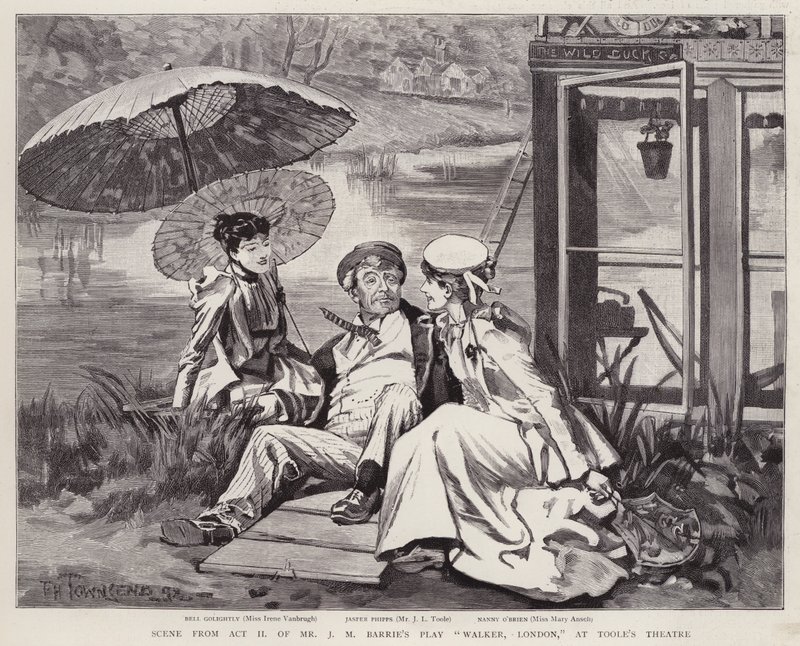 De engelske skuespillere Irene Vanbrugh, John Lawrence Toole og Mary Ansell i en produktion af J M Barries skuespil Walker, London, på Toole