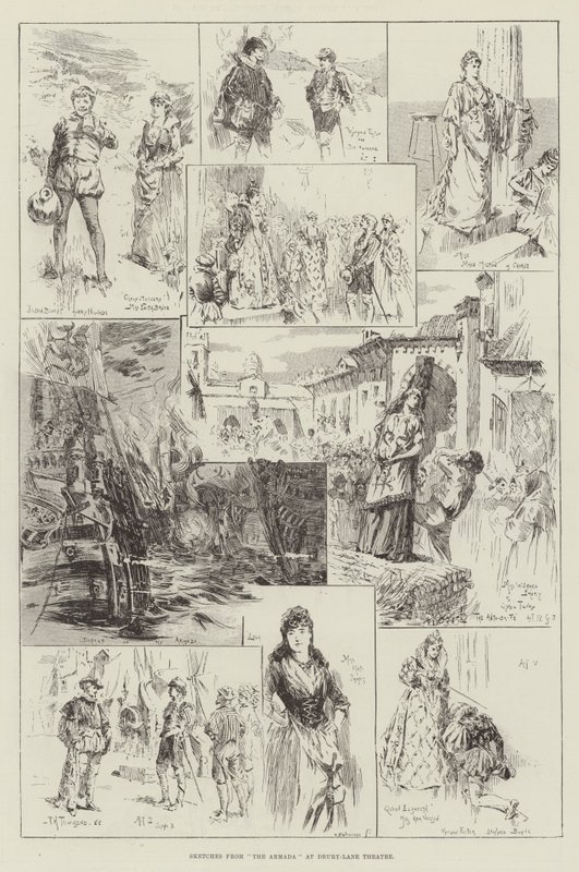 Skitser fra The Armada på Drury-Lane Theatre af Frederick Henry Townsend
