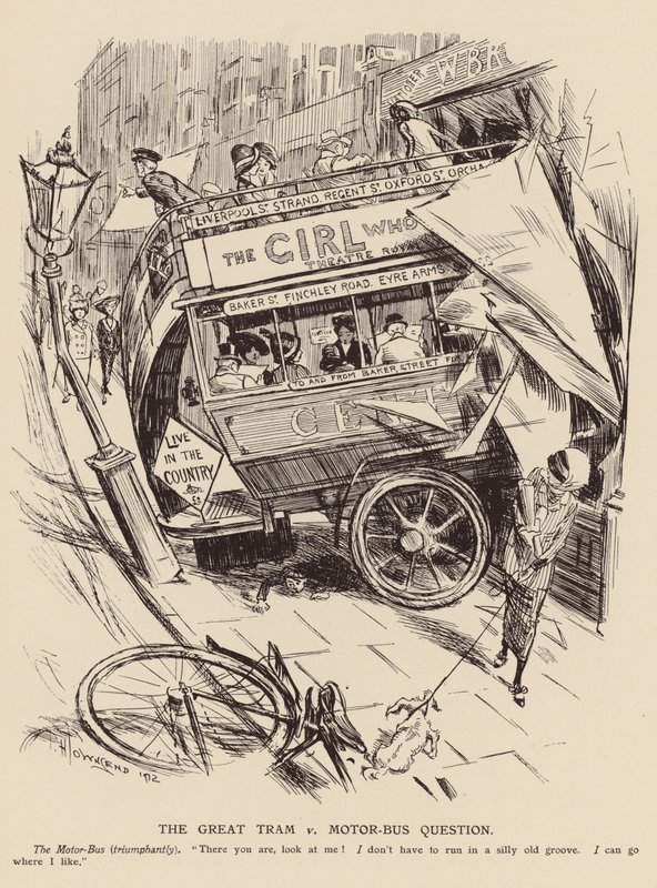 Det store spørgsmål om sporvogne og motorbusser (litografi) af Frederick Henry Townsend
