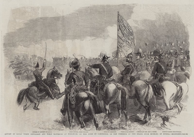 Gennemgang af Royal Horse Artillery and Field Batteries at Woolwich, af hertugen af Cambridge, i nærværelse af storhertug Michael af Rusland af Frederick John Skill