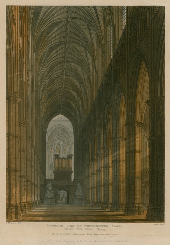 Indvendig udsigt af Westminster Abbey, London, fra West Gate af Frederick Mackenzie