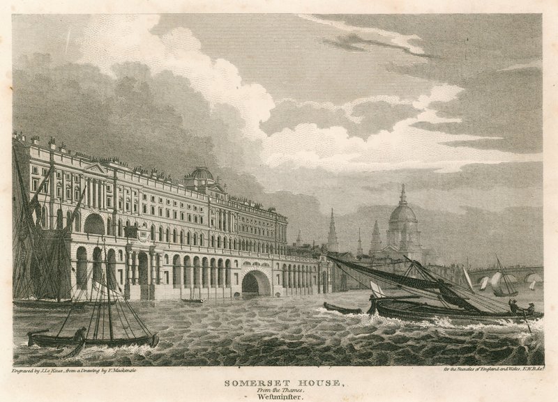 Udsigt over Somerset House, The Strand, London, fra Themsen, Westminster af Frederick Mackenzie